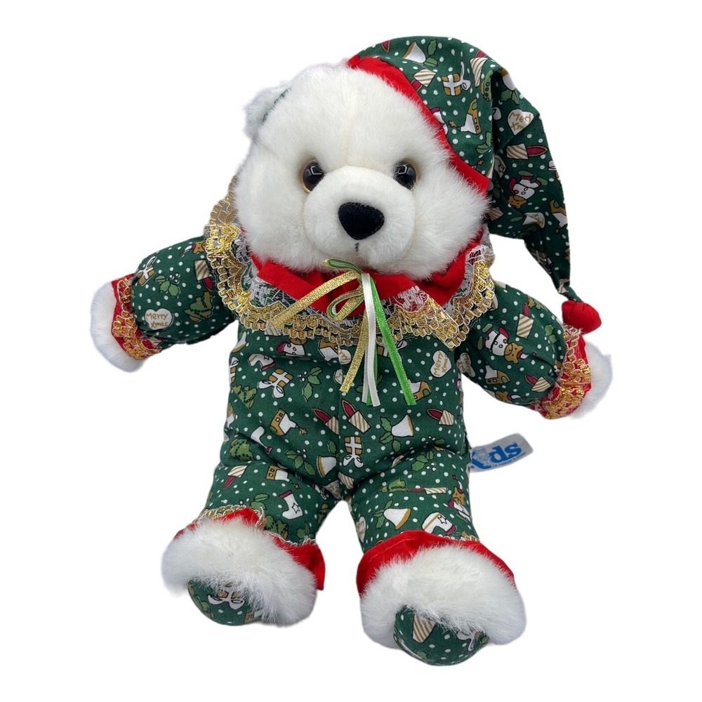 Christmas Teddy Bear KIDS of AMERICA Plush White Stuffed 12" Santa Hat Vintage